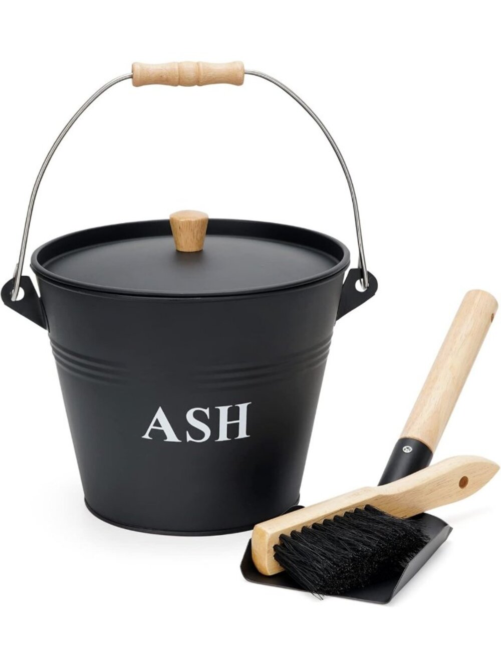 Mini Metal Ash Bucket with Lid, Shovel & Broom - 1.5 Gallon Fireplace Tool